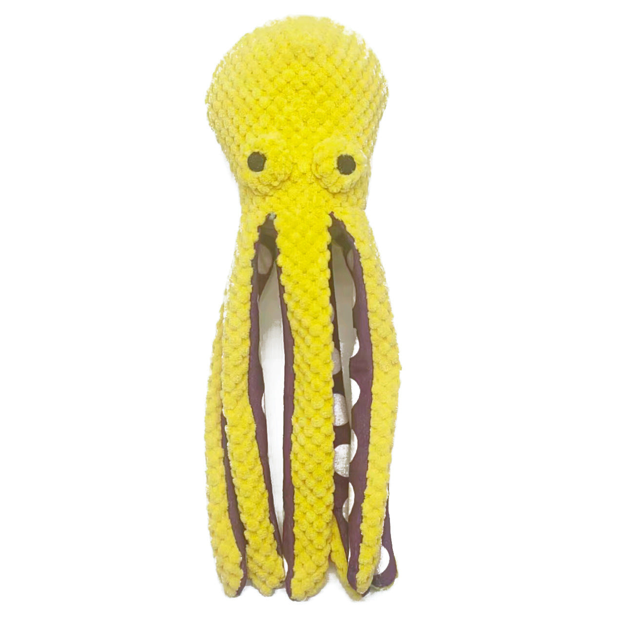 Six-claw fish plush dog toy, bright yellow body with dark-purple tentacles