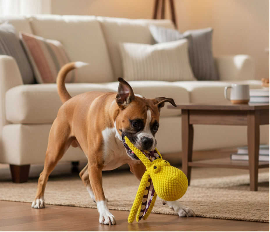 Six-claw fish plush dog toy, yellow body with dark-purple patterned legs; dog carries it