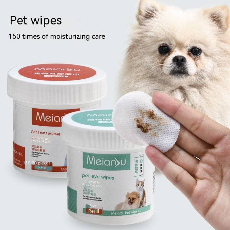 Pet cleaning wipe canister set with a wipe held in hand for eye and ear care