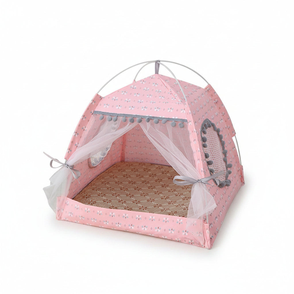 Pink pet tent bed with curved frame, mesh curtains, and fabric side entry panels