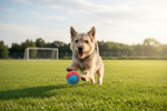 Dog training ball toy in blue and red, carried by a dog in grass