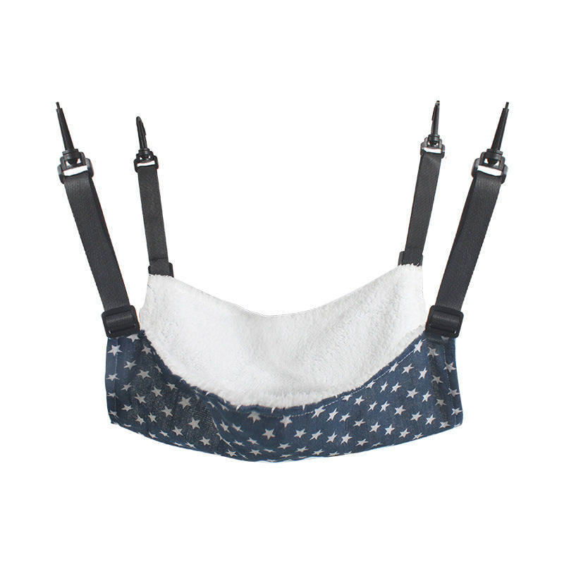 Cat cage hanging hammock bed with dark star print and plush white lining, four straps