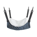 Cat cage hanging hammock bed with dark star print and plush white lining, four straps