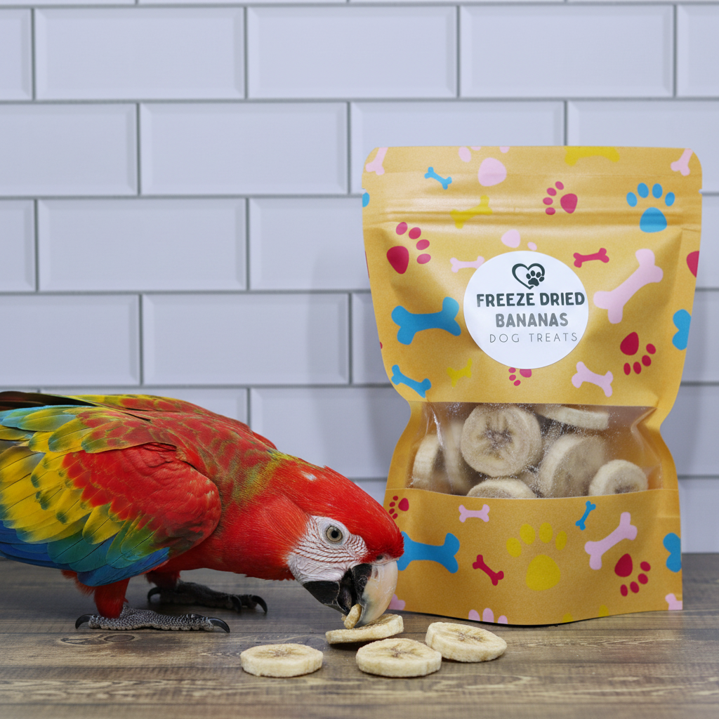 Freeze-dried banana dog treat pouch with banana slices visible through the front