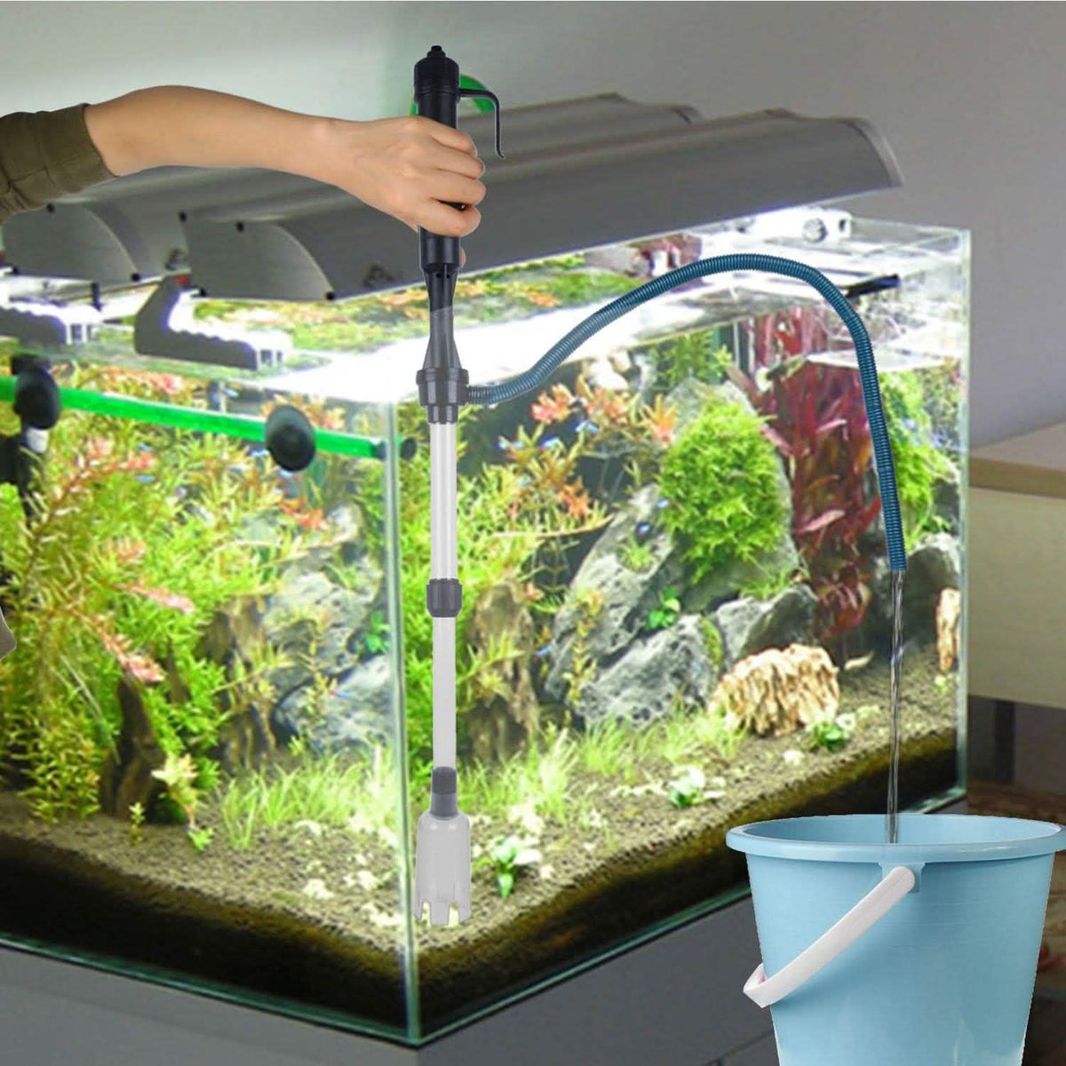 Aquarium gravel vacuum cleaner with telescopic tube, black handle, and blue hose