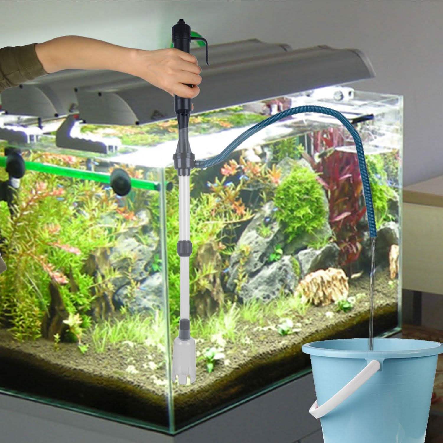 Aquarium gravel vacuum cleaner with telescopic tube, black handle, and blue hose