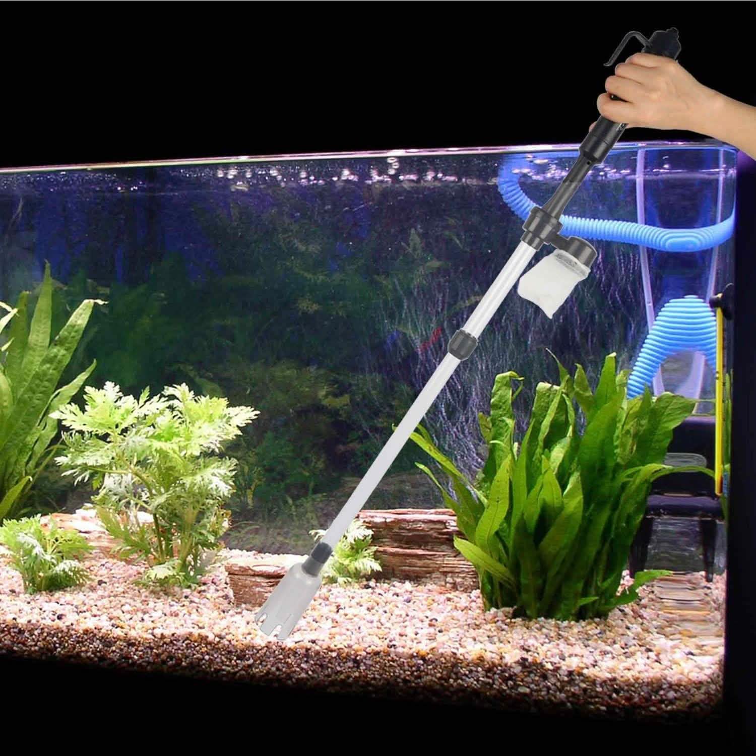 Aquarium gravel vacuum cleaner in use with telescopic tube and suction head