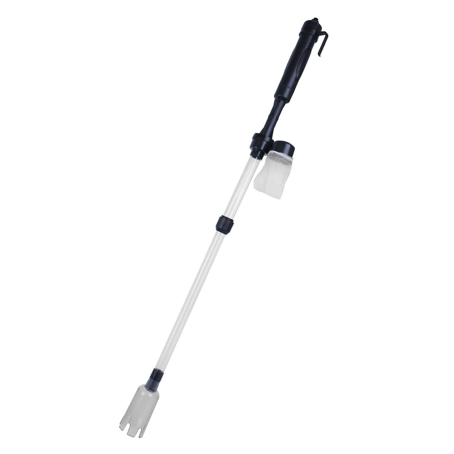 Aquarium gravel vacuum cleaner suction nozzle on long white tube with black handle