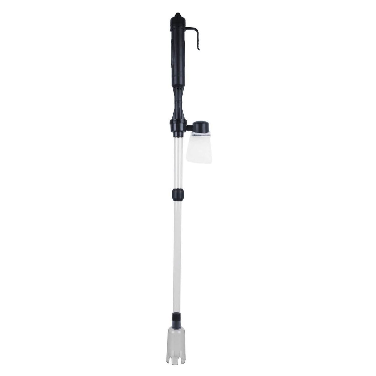Telescopic aquarium gravel vacuum cleaner with black pump handle and suction comb