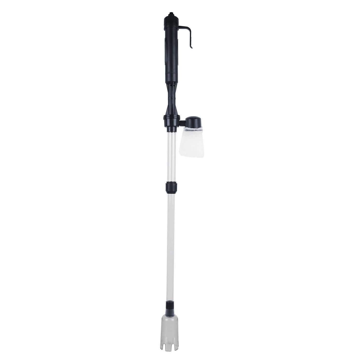 Telescopic aquarium gravel vacuum cleaner with black pump handle and suction comb