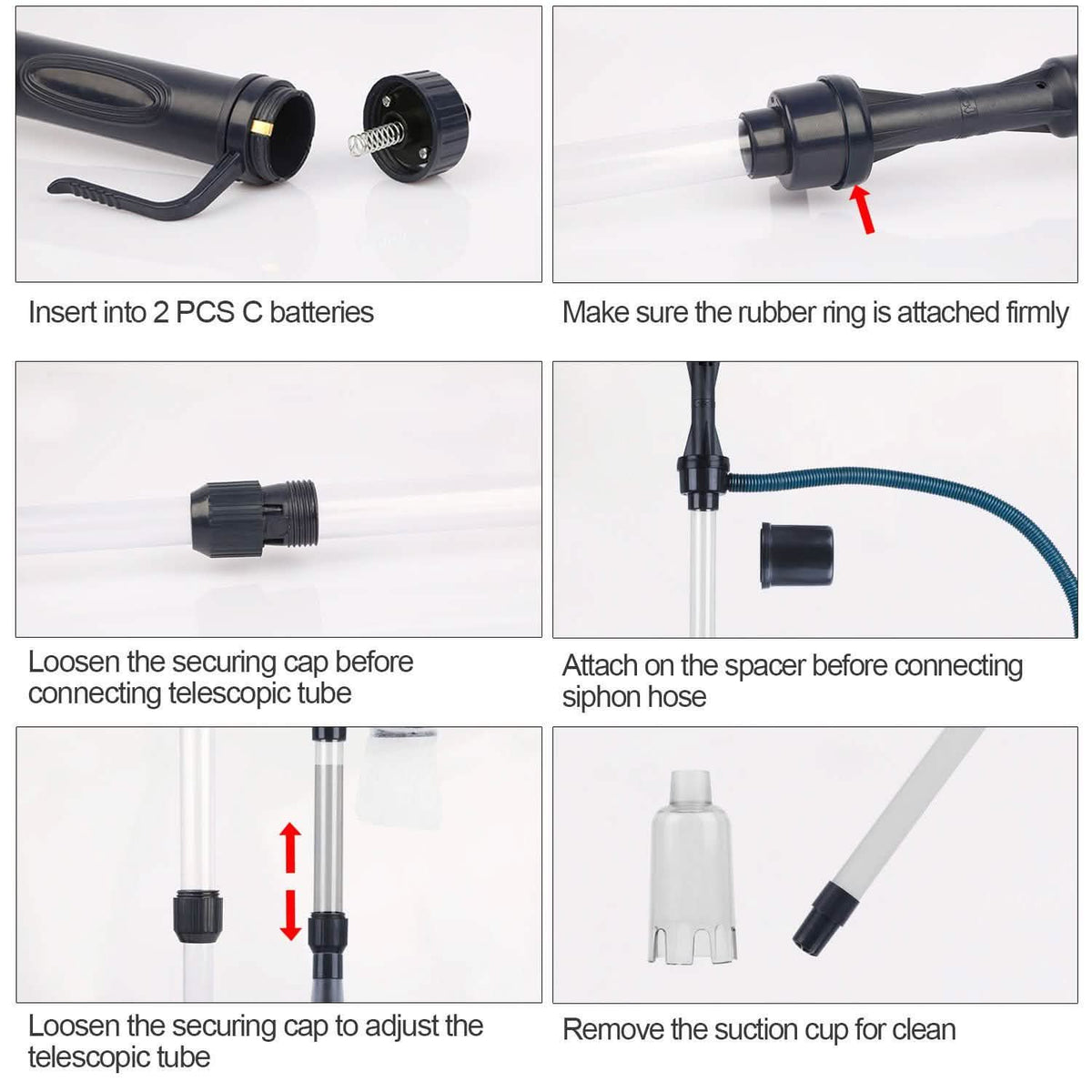 Aquarium gravel vacuum cleaner battery compartment and hose connection parts
