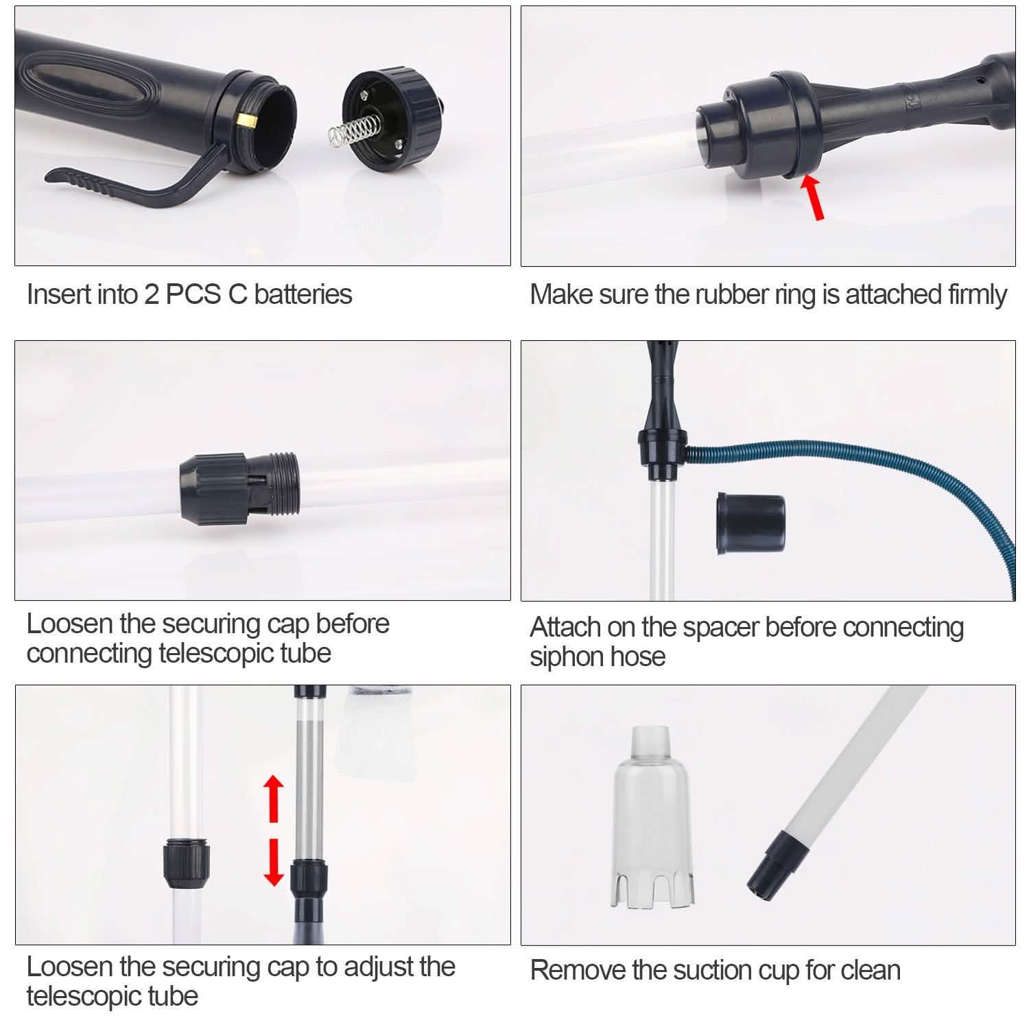 Aquarium gravel vacuum cleaner battery compartment and hose connection parts