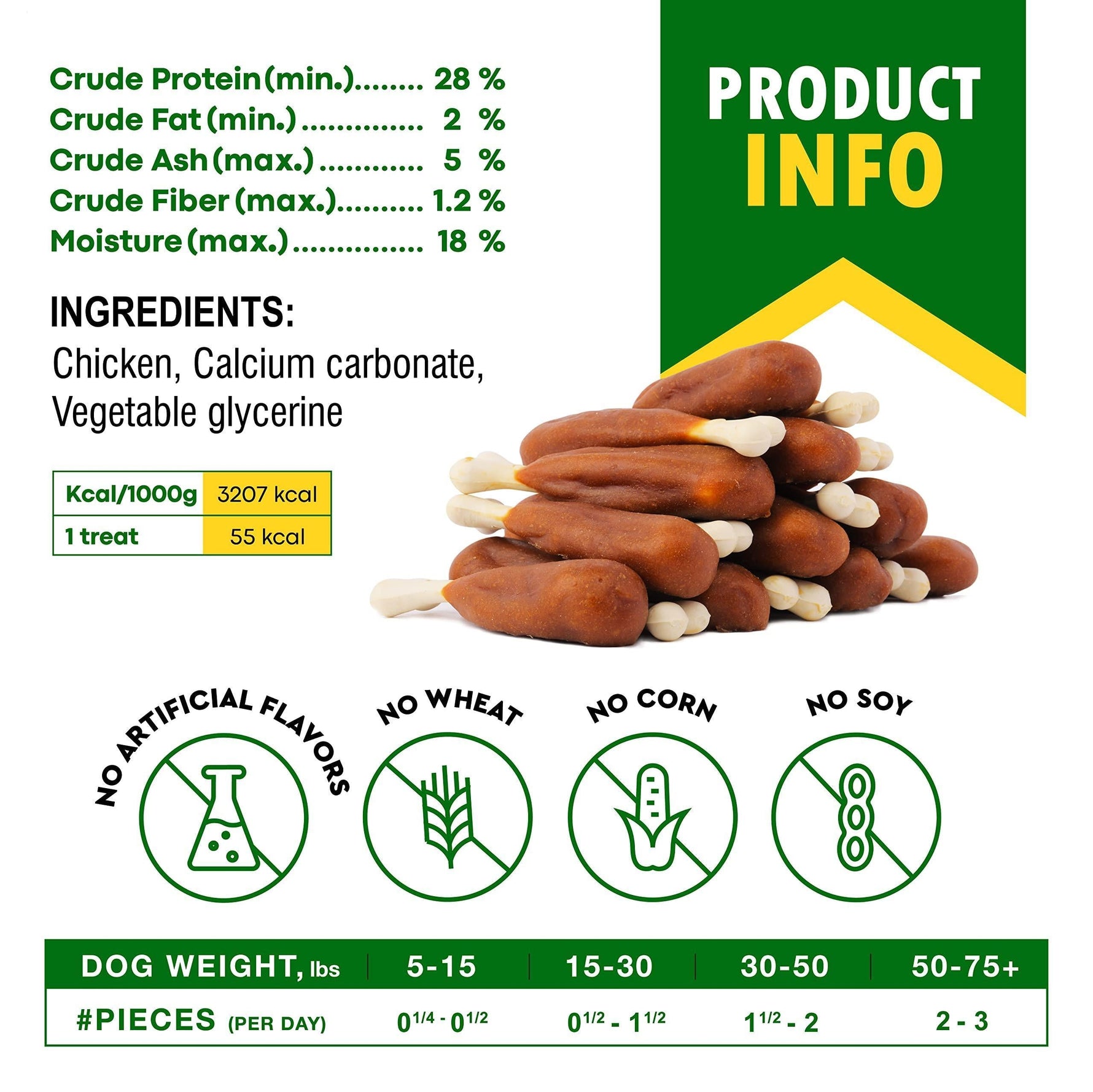 Calcium bone dog chew ingredient panel with pictured brown and white treats