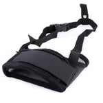 Dark gray adjustable pet muzzle mask with mesh guard and strap closures