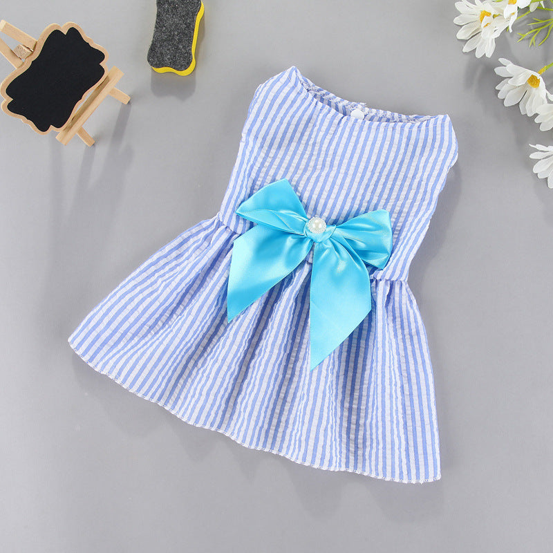 Blue striped pet dress skirt with large light blue bow