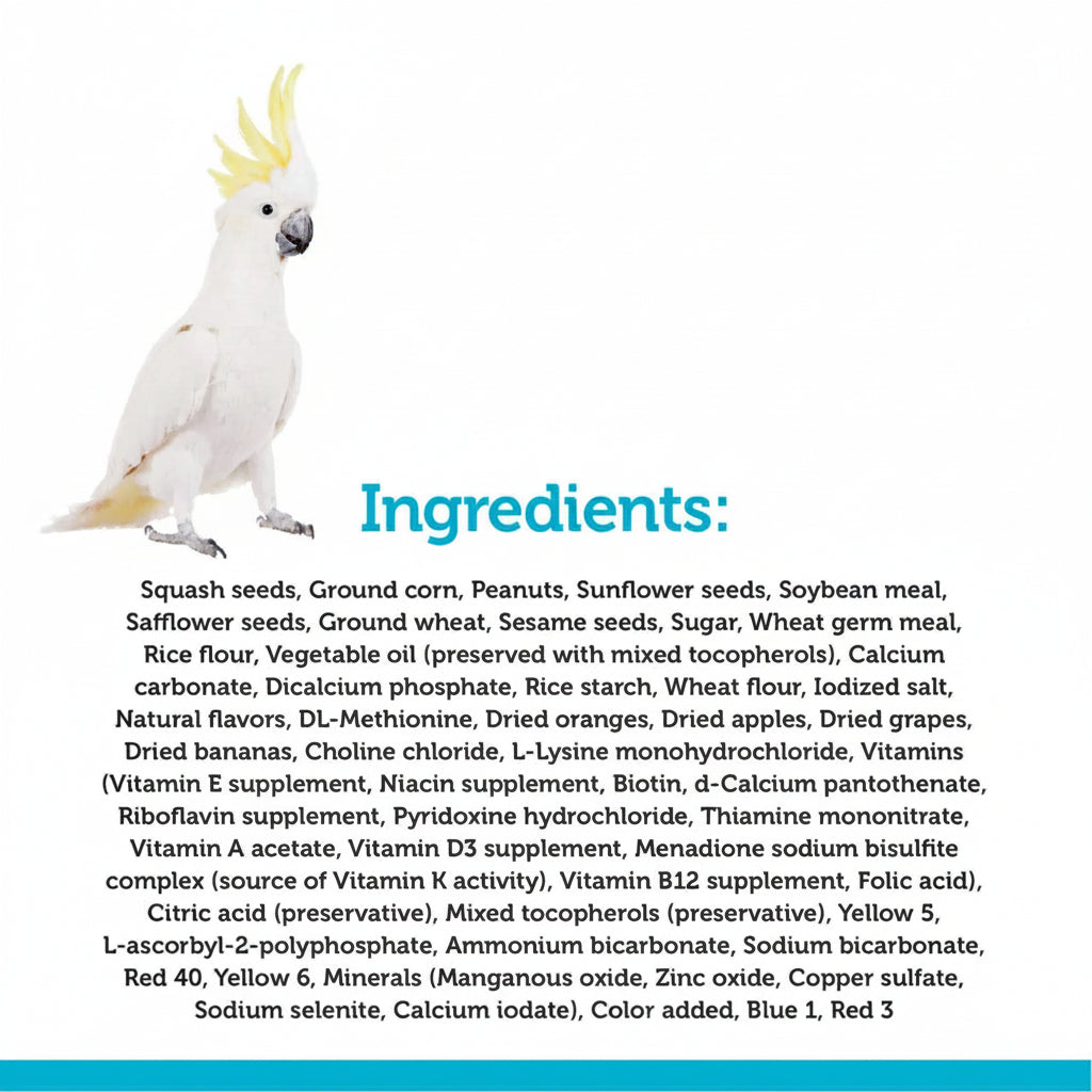 Bird seed mix ingredients panel with cockatoo photo and ingredient list text