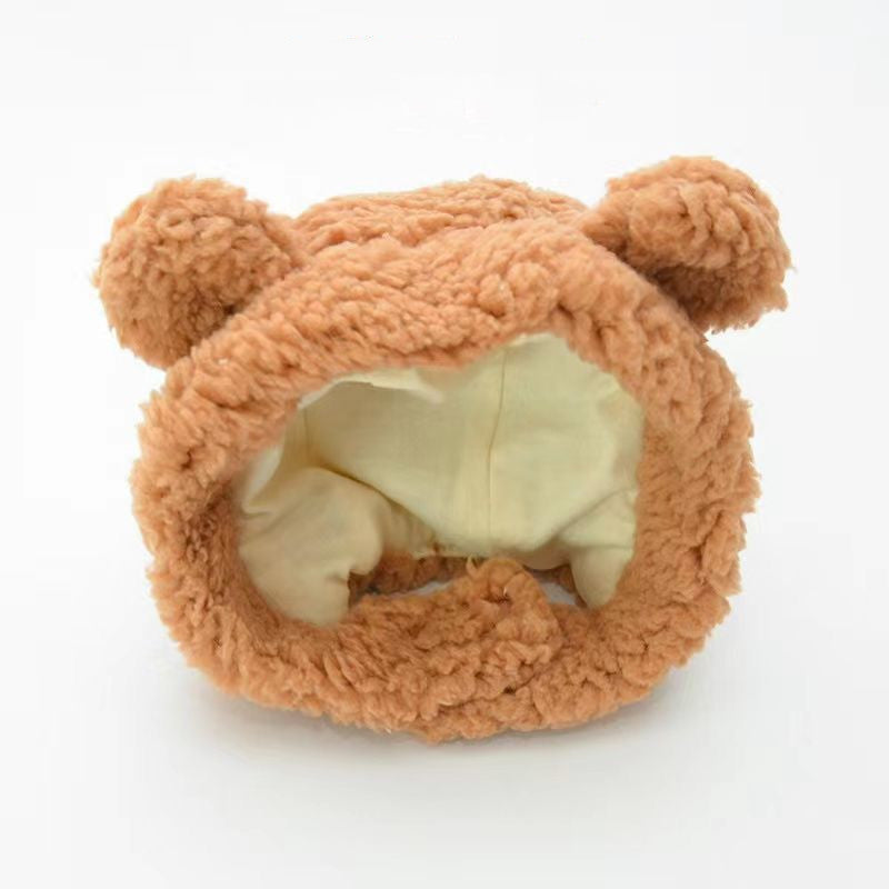 Brown bear-eared plush pet hood interior lining, back view with ear openings