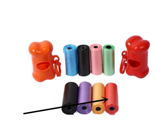 Pet waste bags with orange and red holders and multicolor rolled bag packs