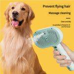 Pet steam brush with mint-green head held in hand near a golden retriever