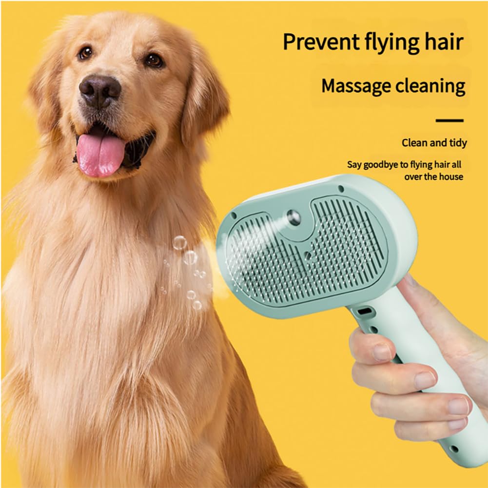 Pet steam brush with mint-green head held in hand near a golden retriever