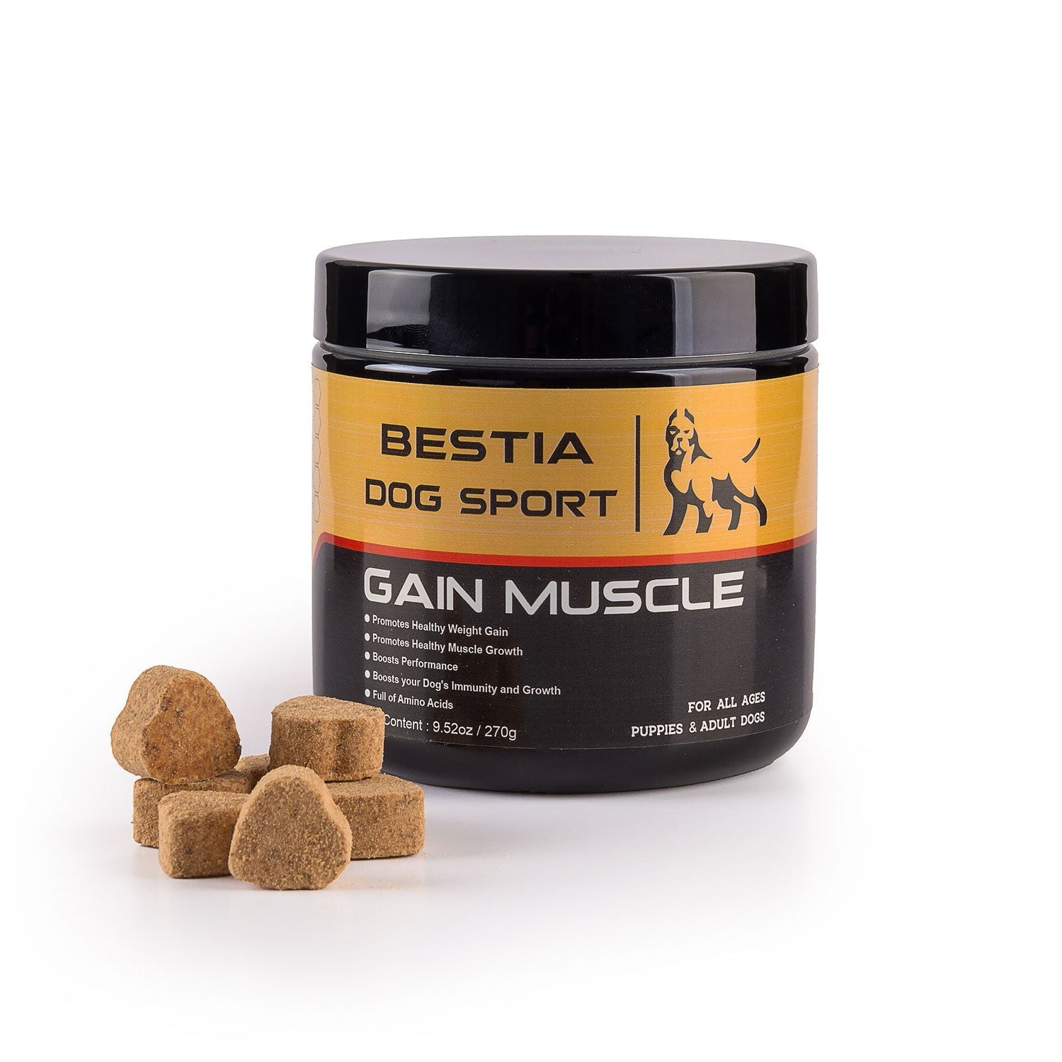 Bestia Gain Muscle dog supplement jar with brown treat cubes