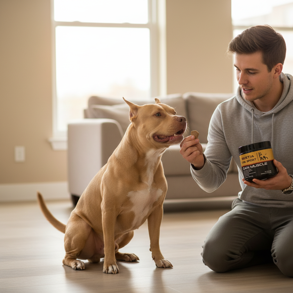 Dog muscle supplement jar with tan dog and kneeling man