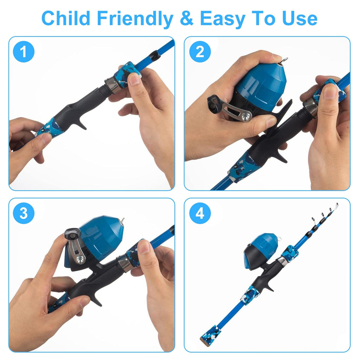 Kids spincast fishing pole with blue reel and black grip, shown during easy setup steps