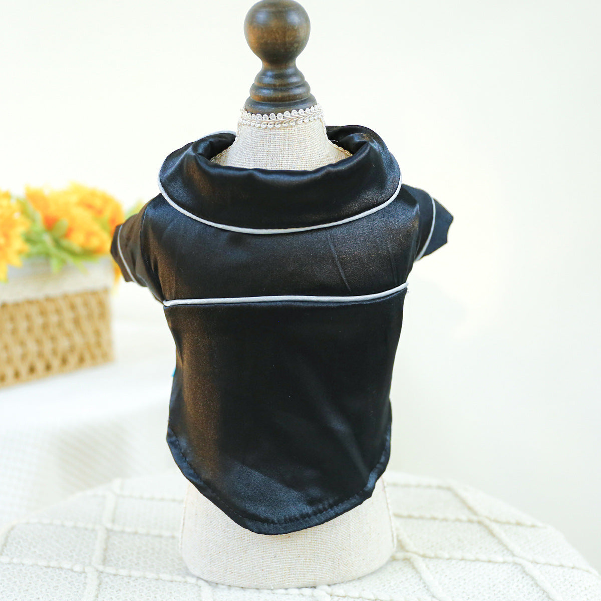 Black satin pet pajama top with white piping and rounded collar