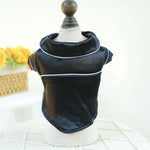Black satin pet pajama top with white piping and rounded collar