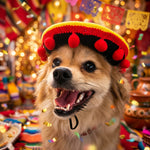 Red and yellow hot dog hat with red pom-poms on black, worn by panting dog