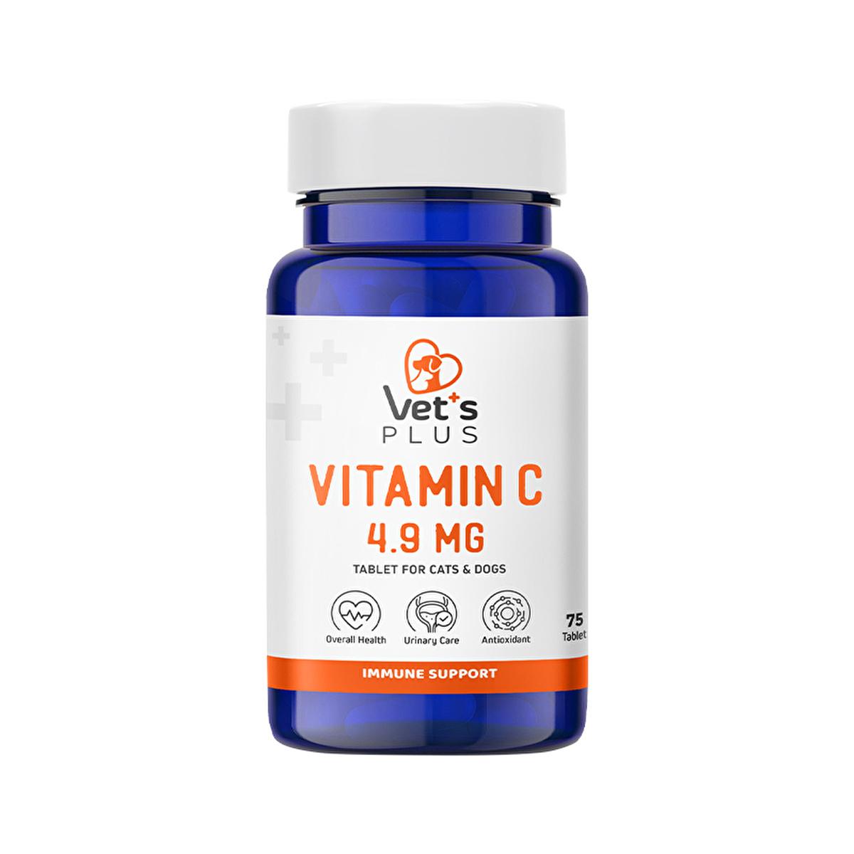 Vet's Plus Vitamin C 4.9 mg tablet supplement bottle for cats and dogs, 75 tablets