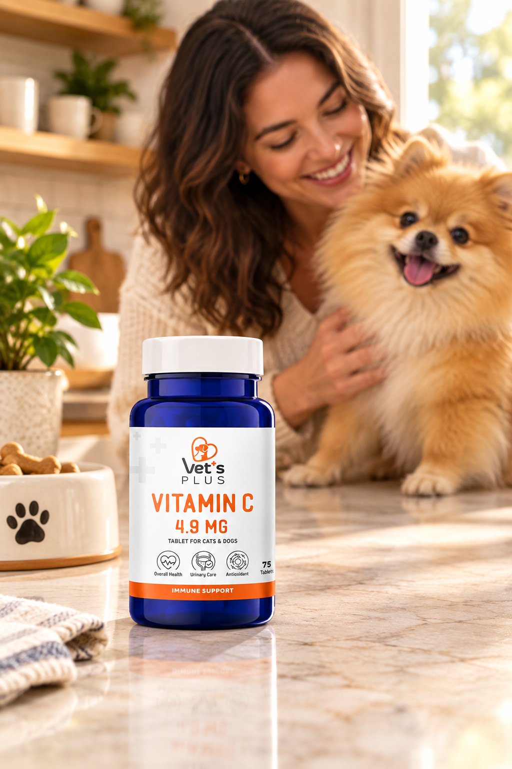 Vet's Plus Vitamin C 4.9 mg tablet supplement bottle, 75 tablets, with orange label