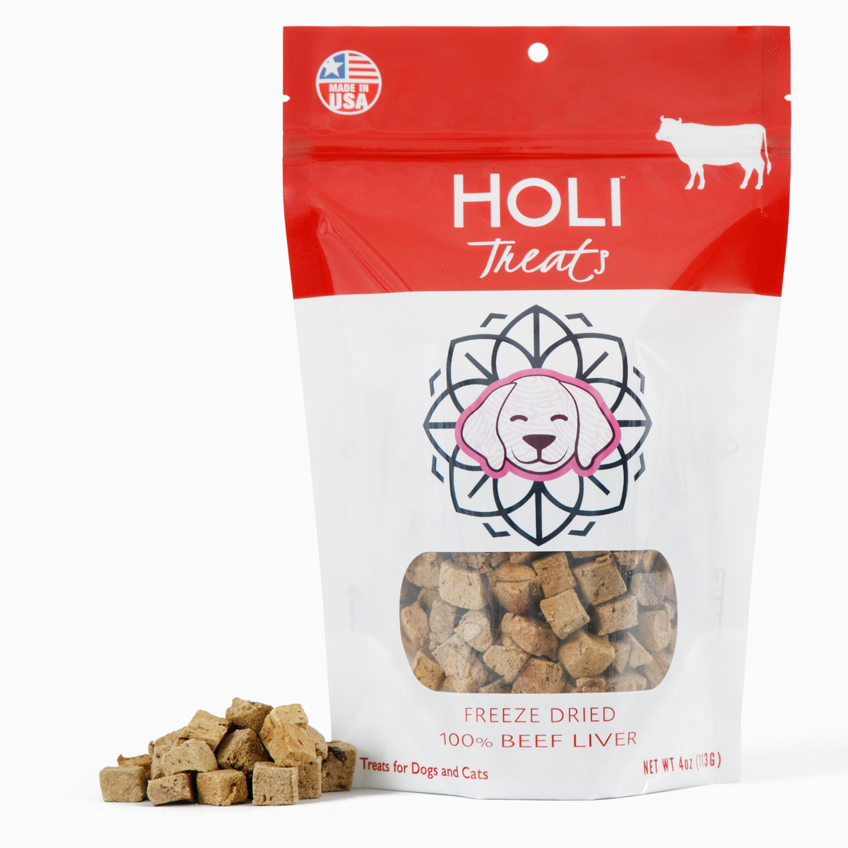 Freeze-dried beef liver dog treats pouch with red-and-white front and treat cubes window