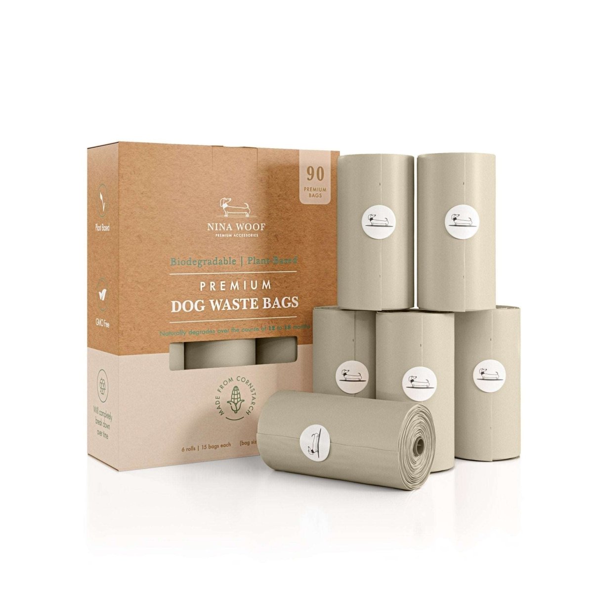Compostable dog waste bags in tan box with multiple light beige refill rolls
