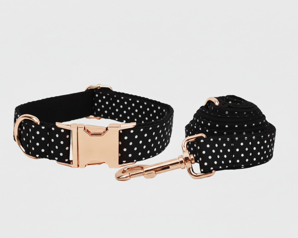 Black polka-dot collar plus detachable leash; rose-gold buckle and clip hardware