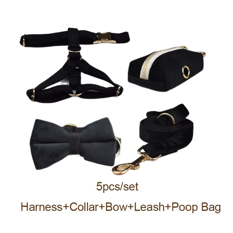 Black velvet set with dog harness, collar, bow tie, leash, and poop bag holder