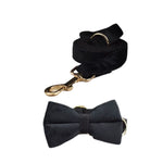 Black velvet dog leash with gold hook clip and matching bow tie