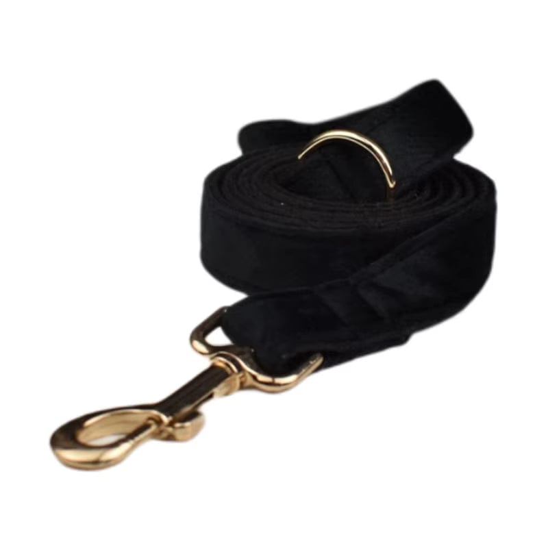 Black velvet dog leash with gold swivel clip and metal hook