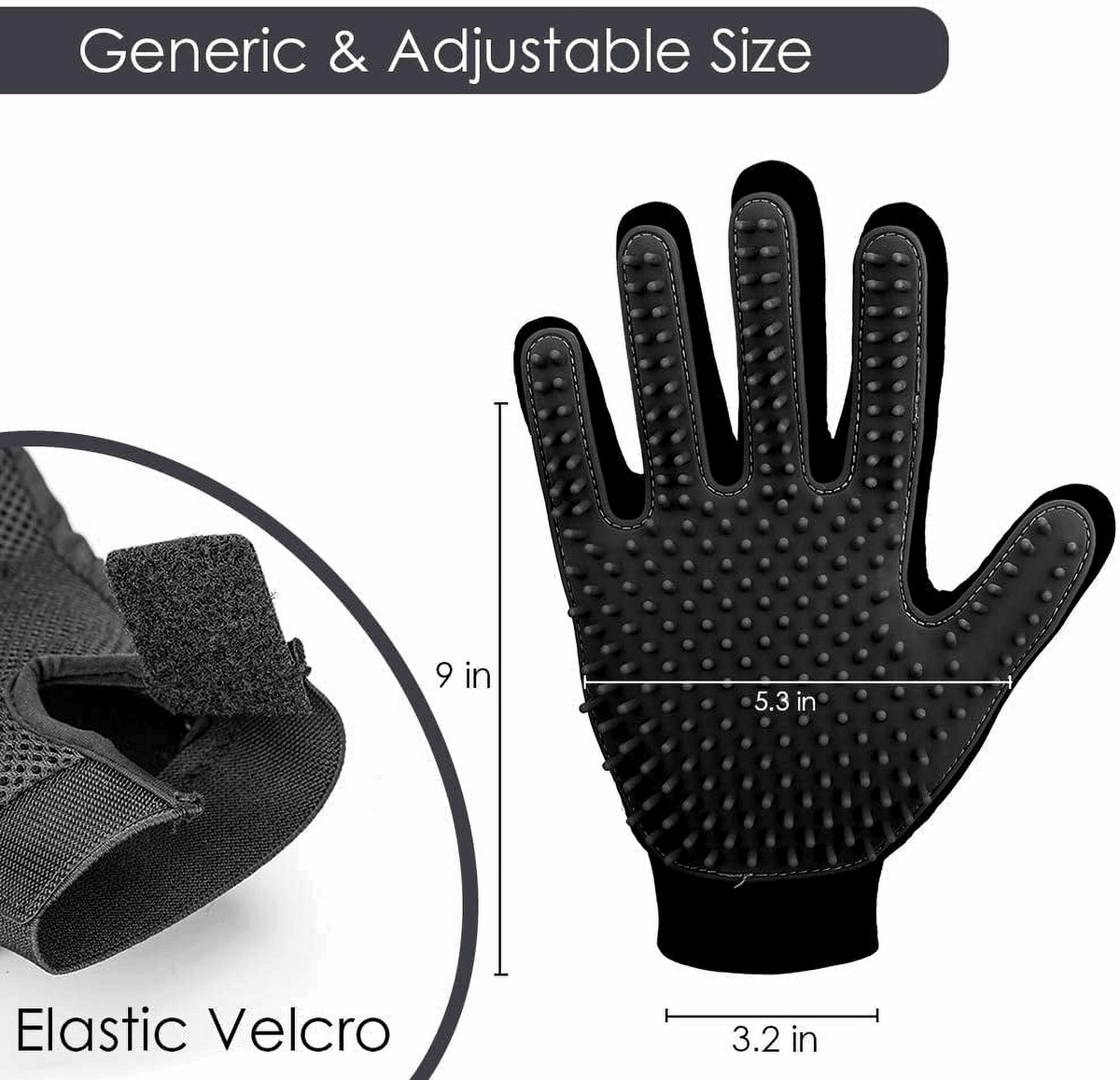 Black silicone grooming glove with elastic wrist and raised nubs on five fingers