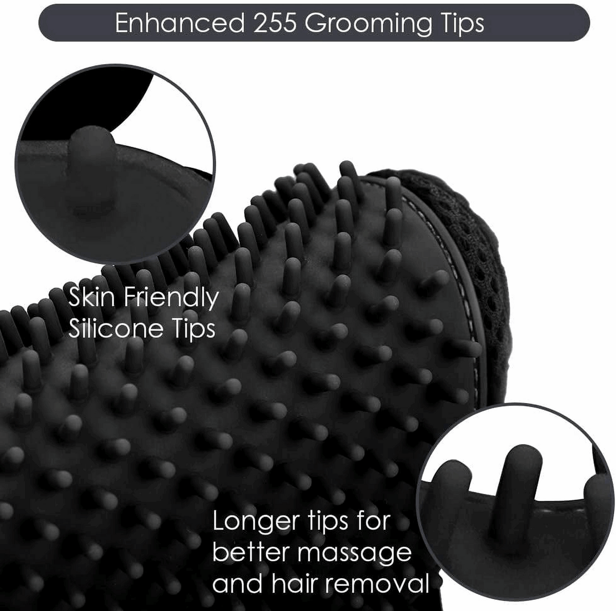 Black silicone grooming glove close-up of longer raised nubs for better hair removal