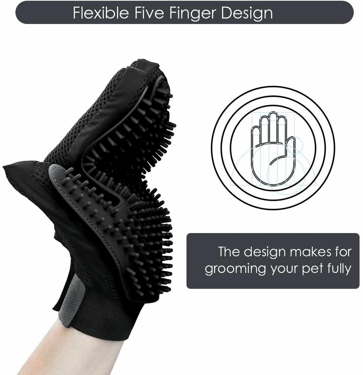 Black five-finger silicone grooming glove with flexible design and raised nubs
