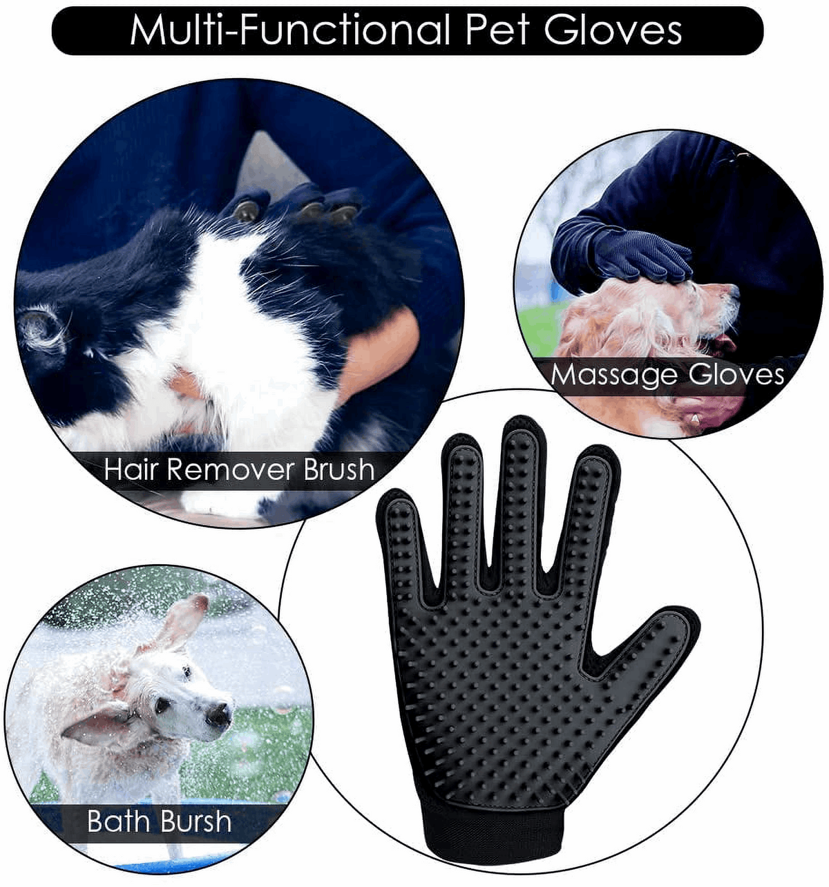 Black silicone pet grooming glove with raised nubs for massage and bath brushing