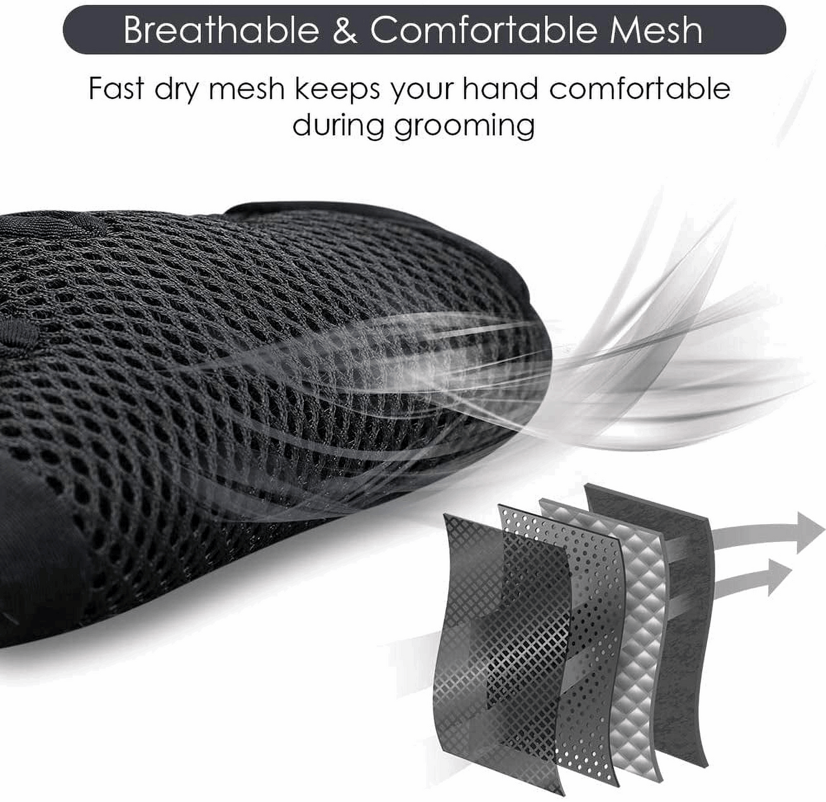 Black breathable mesh grooming glove with raised silicone nubs for pet hair removal