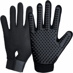 Black silicone pet grooming glove with five fingers and raised hair-removal nubs