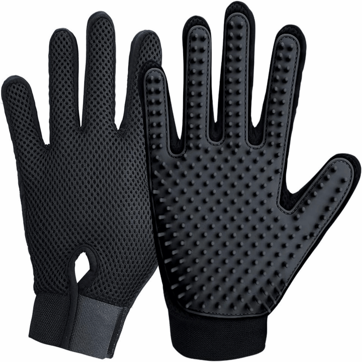 Black silicone pet grooming glove with five fingers and raised hair-removal nubs