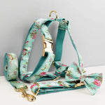 Floral teal dog harness with adjustable straps and matching leash clip