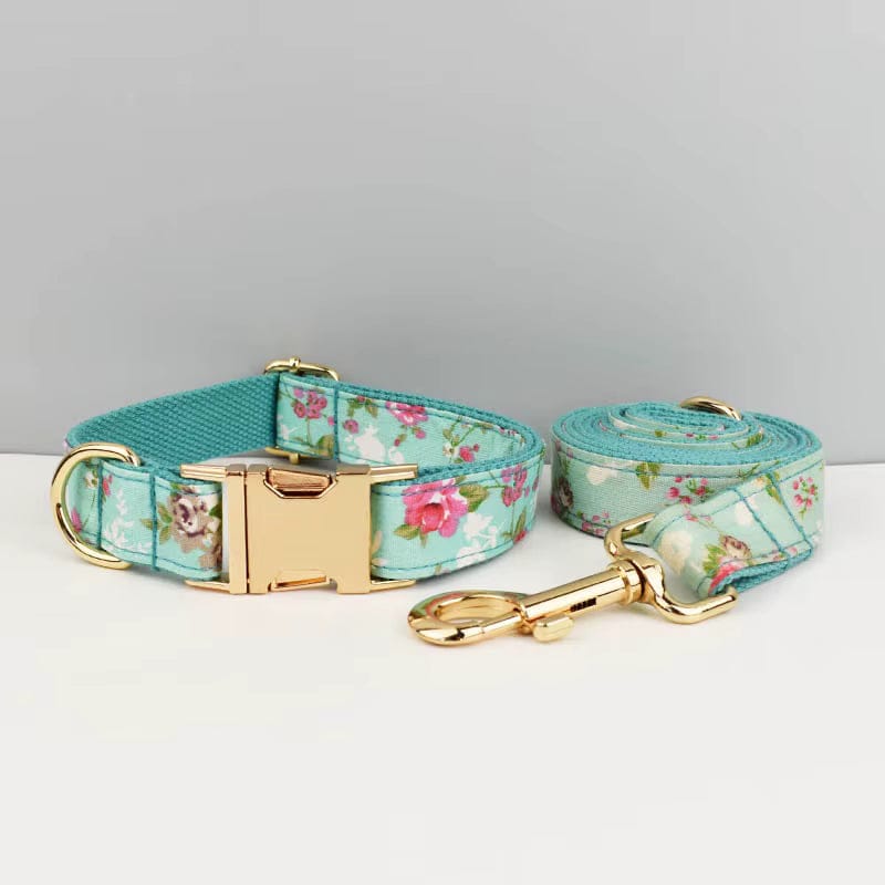 Teal floral dog collar with gold buckle, paired with matching leash