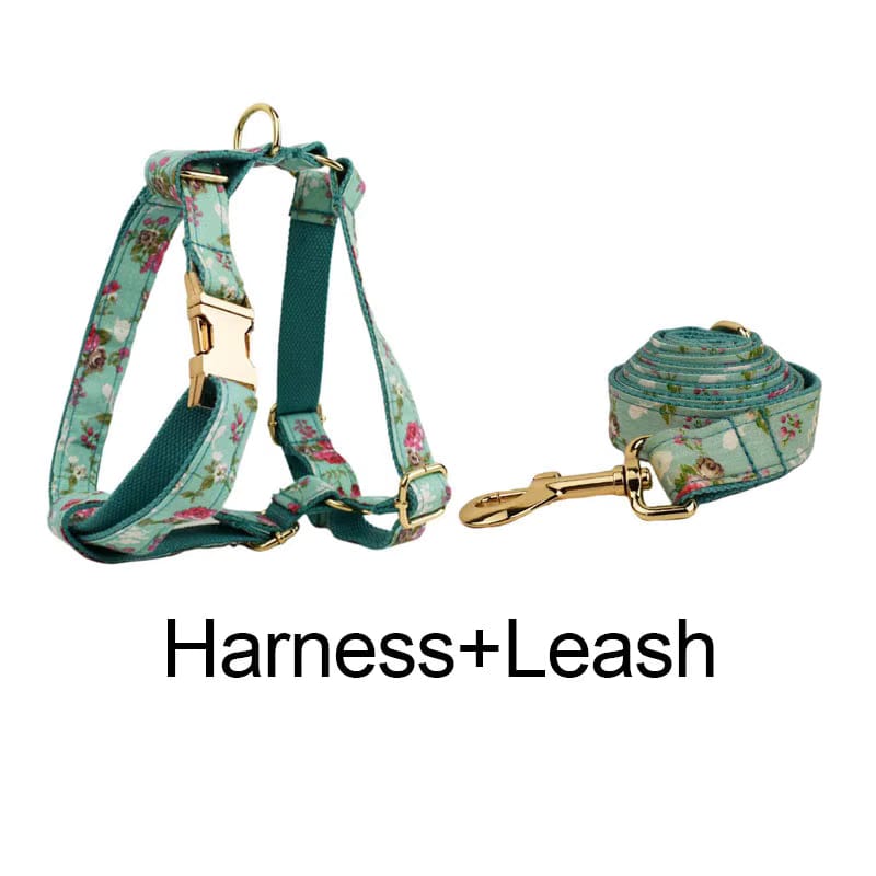 Floral teal dog harness set with gold buckles and matching leash strap