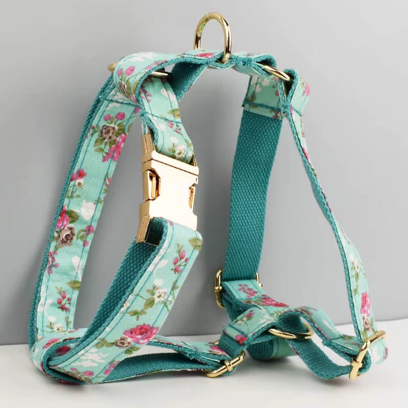 Floral teal dog harness with gold hardware, padded straps and back ring