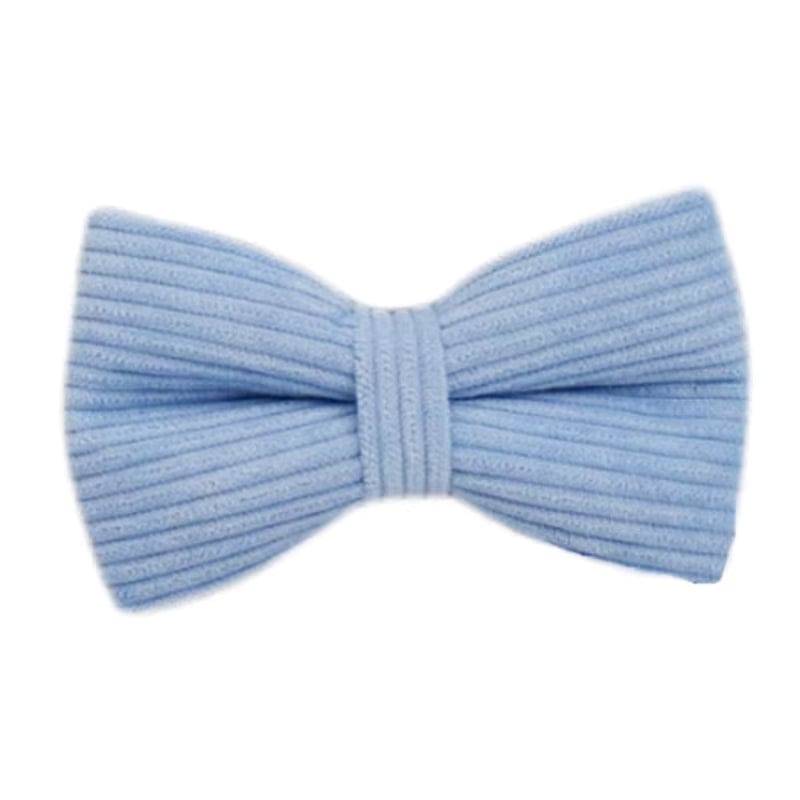 Light-blue corduroy bow tie with stitched center knot and matching fabric texture.